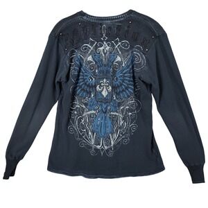 Affliction Logo Studded‎ Waffle Knit Long Sleeve Top Fleur De Lis Eagle Mens M